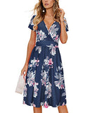 Navy Floral Summer Short Sleeve V-Neck Floral Casual Ladies Dress with Pockets - OUGES | Women's Casual Dresses