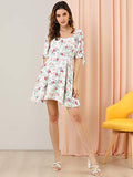 Women's Floral Printed Neck Puff Sleeve Fit and Flare A-Line Mini Dress | Original Brand