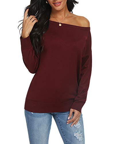 LILBETTER Women's Off Shoulder Sweater Boat Neck Long Sleeve Loose Pullover Knit Jumper