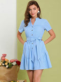 Women's Cotton Button Down Shirt Dress Ruffle Collar Neck Belted Hem Short Sleeve Casual Above Knee Shirtdress