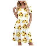 Ladies Solid Color Pleated Loose with Pockets Round-Neck Leisure Dress Bodycon Dress Office Wear for Casual Club Cocktail Evening Gowns Work UK Size 8-26 | Women's Work Dresses