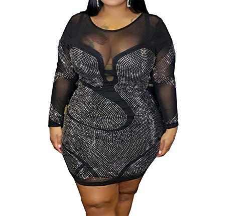 Womens Sexy Plus Size Long Sleeve Rhinestone Mesh See Through Bodycon Original Brand