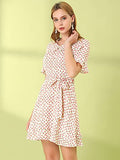 Women's Floral Peter Pan Collar Short Sleeve Belted Flare Ruffle Dress | Original Brand