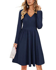 ULTRANICE Women Casual Long Sleeve Dresses V Neck Swing Dress with Pockets