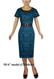 Blue Vintage Retro Rockabilly Flock Fitted Pinup Hourglass Pencil Dress | Women's Work Dresses