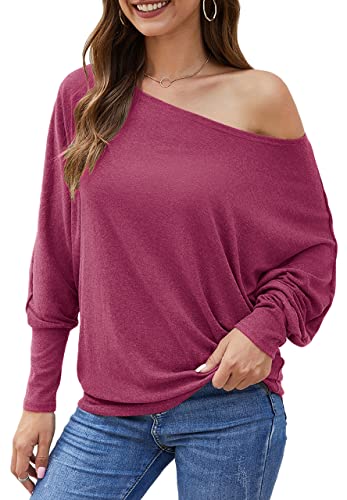 Womens Tops Dressy Casual Batwing Pullover Sweaters Long Sleeve Blouses off Shoulder Tops Oversized Winter Shirts Magenta | Women's Sweaters