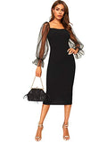 Women's Elegant Mesh Contrast Long Bishop Sleeve Bodycon Pencil Dress | Women's Work Dresses