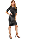 Women's Short Sleeve Plaid Grid Round Neck Elegant Sheath Pencil Bodycon Dress | Women's Work Dresses