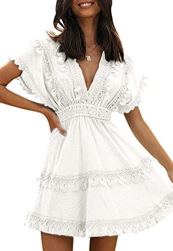 Women's Summer Lace V Neck A Line Mini Dress Casual Swiss Dot Cap Sleeve Short 