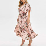 Women's Sweet Short Sleeve V-Neck Floral Printed Casual Chiffon Dress Simple Summer Daily Dress | Original Brand