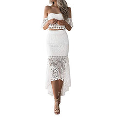 Off Shoulder Lace Dress,  Women Two Piece White Lace Outfit Crop Tube Top Lace Crochet Low High Pencil Skirt Dress