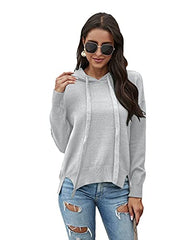 Dyexces Women's Hoodie Sweater Long Sleeve Knit Pullover Drawstring Hem Slit Casual Out Knit Pullover Tops