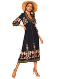 Women's Floral Print Deep V Neck 4-Mar Sleeve A-Line Bohemian Tribal Boho Midi Dress