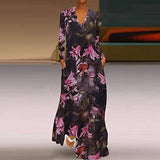 Women Dresses Sale, Casual Oversize V-Neck Flower Print Long Sleeve Loose Dress Plus Size Party Dresses Cocktail Evening Gowns UK Size Indian Beautiful | Original Brand | Women's Work Dresses