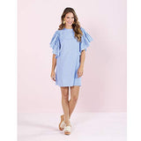 Women Blue Stripe Valencia Ruffle Sleeve Dress