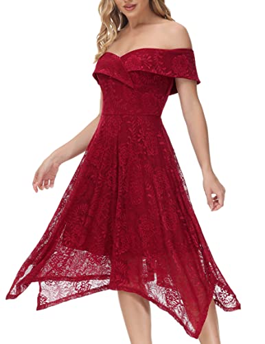 Wine Red Lace Off Shoulder High Low A Line Wedding Guest Party Cocktail Dress - JASAMBAC