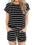 Black White Stripes Summer Crewneck Casual Loose Short Sleeve Jumpsuit Rompers One Piece Pajamas Loungewear with Pockets - ANRABESS | Women's Romper & Jumper Suit