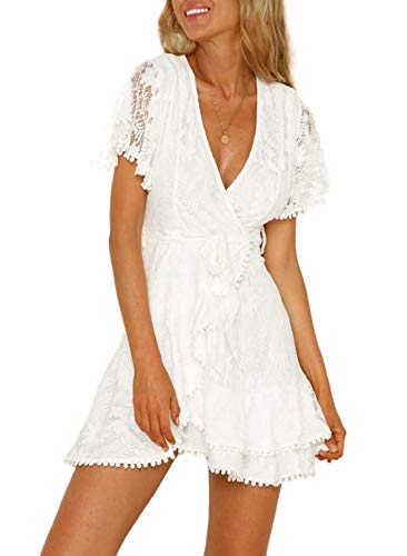 Lace Crochet Floral Midi Dress Short Sleeve Dress For Women V-neck Dress