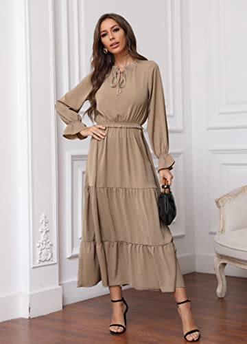 Women s Long Sleeve Crew Neck Maxi Dress Solid Color Tie Neck Casual H Original Brand