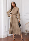 Women's Long Sleeve Crew Neck Maxi Dress Solid Color Tie Neck Casual High Waist Ruffle Hem Boho Flowy Long Dress | Women's Evening Gowns