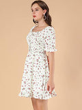 Women's Puff Sleeve Back Smocked Neck Floral Ruffled Hem Dress | Original Brand