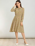 Women's Puff Sleeve Fit and Flare Round Neck Floral Midi Dress