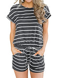 Gray White Stirpes Summer Crewneck Casual Loose Short Sleeve Jumpsuit Rompers One Piece Pajamas Loungewear with Pockets - ANRABESS | Women's Romper & Jumper Suit