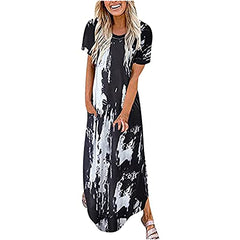 Women Short Sleeve Sleeveless Sundress Side Split Maxi Dress with Pocket Summer Solid Floral Star Tie Dye Hippie Soul | Original Brand