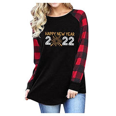 MDKWOV Women's 2022 New Year Plaid Print Color Block Tunic Round Neck Long Sleeve Shirts Striped Causal Blouses Tops