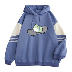 HGWXX7 Womens Patchwork Pullover Hoodies Cute Frog Skateboarding Long Sleeve Print Pocket Drawstring Sweatshirts Tops