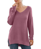 GRECERELLE Women's V-Neck Long Sleeve Side Split Loose Casual Knit Pullover Sweater Blouse