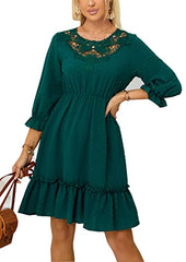 Women's Dress A-line Lace Ruffle 3/4 Sleeve Polka Dots Chiffon Casual Tunic Dress