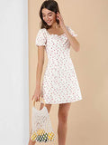 Women's Floral Puff Sleeve Sweetheart Neckline Ruched Front Ruffled Dresses