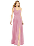 Dusty Pink One Shoulder Chiffon Bridesmaid Dresses with Slit Maxi Long Formal Dresses for Women Party - XYAYE | Women's Formal Dresses