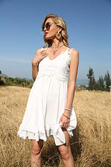 Womens Summer V Neck Adjustable Spaghetti Strap Lace Dresses Sleeveless Flowy Short Dresses With Pockets