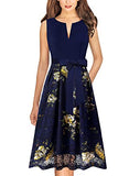 Navy Blue And Yellow Floral Print Lace Womens Elegant Front Zipper Slim Work Business Office Party Cocktail A-line Dress Vfshow