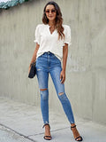 Womens Puff Sleeve Summer Tops Chiffon Short Sleeve Blouses White V Neck Pom Pom Shirts | Original Brand | Women's Tops and Blouses
