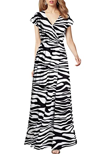 Zebra Women Cap Sleeve Loose Plain Pockets Maxi Casual Formal Long Dresses - REPHYLLIS