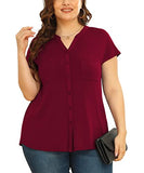 Wine Red Short Sleeve Women's Plus Size Short Sleeve Shirt Button Down V Neck Tops Casual Blouses with Procket - TIANZHU | Women's Tops and Blouses