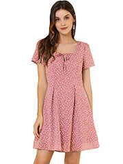 Allegra K Women's Star Heart Floral Print Casual Square Neck Short Sleeve Flare Dress | Women's Casual Dresses