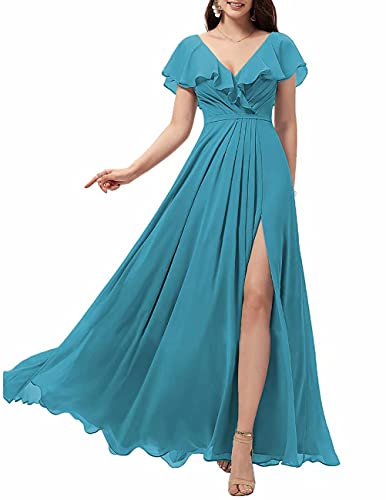 SoDigne Women's Ruffle Sleeves Bridesmaid Dresses with Slit V-Neck Evening Party Gown Long Chiffon Formal Dress