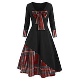 LOPILY Dress Vintage Plaid Patchwork Maxi Dress Crew Neck Long Sleeve Bow Knot Swing Cocktail Party Dress Rockabilly Evening Dresses