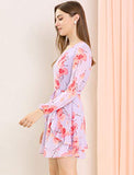 Women's Floral Print V Neck Ruffle Front A-line Belted Flowy Dress | Original Brand