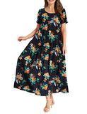 Black Floral Dresses Casual Plus Size Bohemian Short Sleeve Floral Long Maxi Summer Beach Swing Dress/Pockets - YESNO | Women's Casual Dresses