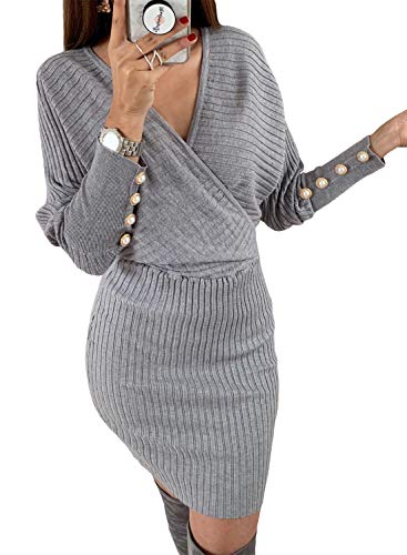 Happy Sailed Women Knotted Sweater Dress V Neck Long Sleeves Tie Waist Knitted Sweater Pencil Dress