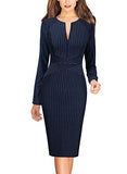 Navy Blue And White Striped Long Sleeve Womens Front Zipper Slim Work Office Business Cocktail Party Pencil Dress Vfshow