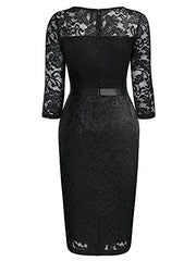 Women's Retro Floral Lace V Neck Bow Design Slim Party Dress