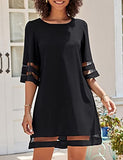 Women Casual Crewneck Mesh Panel 4-Mar Bell Sleeve Loose Tunic Dress