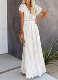 Women Deep V Neck Short Sleeve Floral Lace Bridesmaid Maxi Dress Cocktail Party Evening Gown | Women's Casual Dresses
