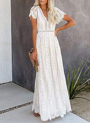 Women Deep V Neck Short Sleeve Floral Lace Bridesmaid Maxi Dress Cocktail Party Evening Gown